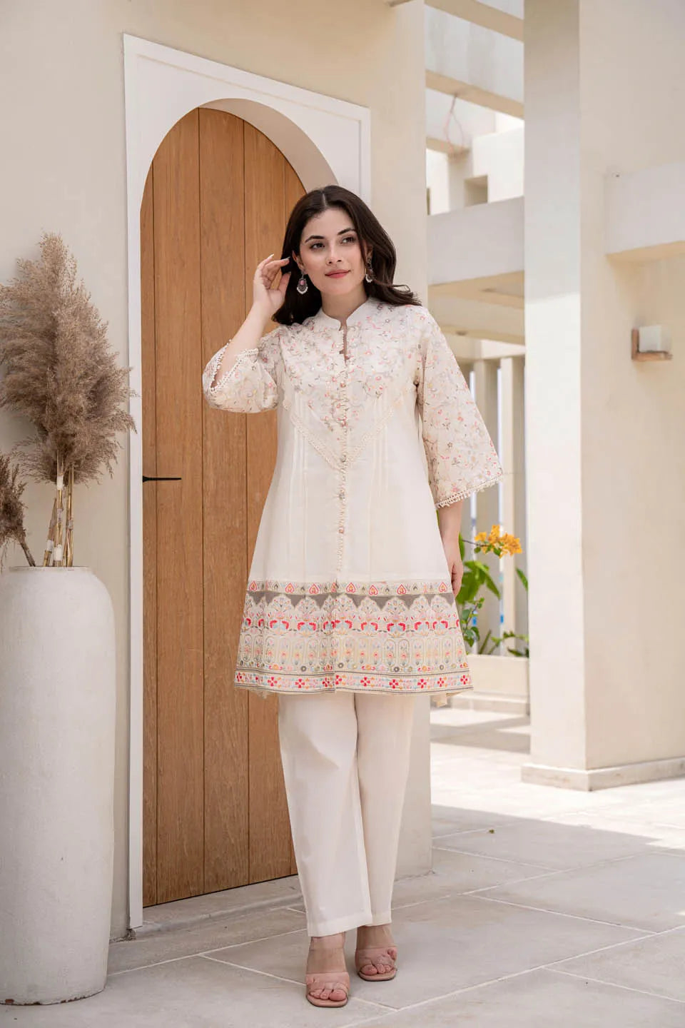 Embroidered Off-White Cotton Coordinated Set with Straight Pants