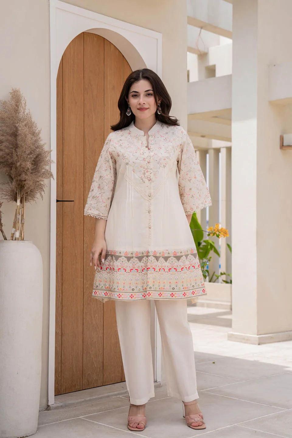 Embroidered Off-White Cotton Coordinated Set with Straight Pants