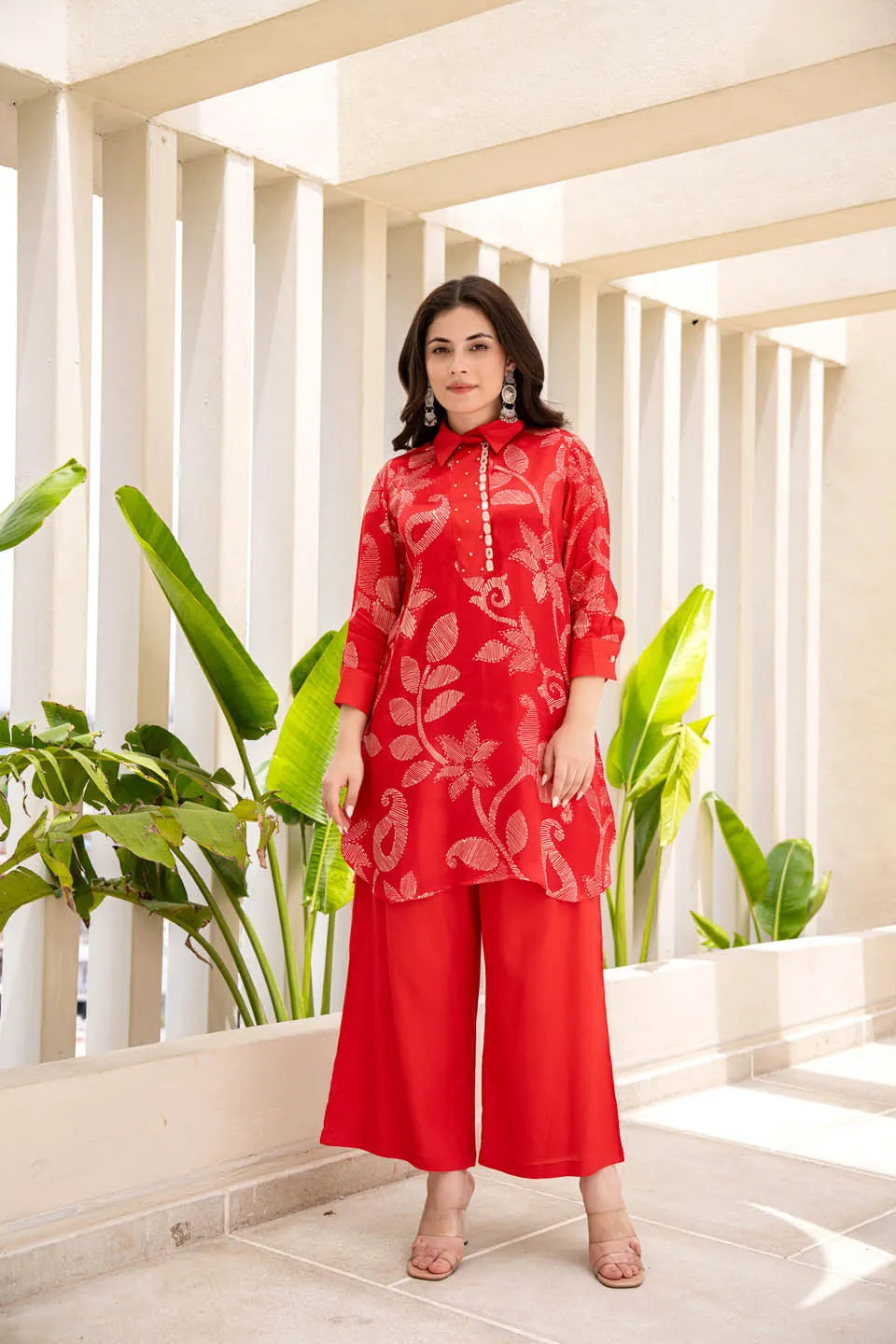 red floral embroidered straight kurta set with palazzo pants