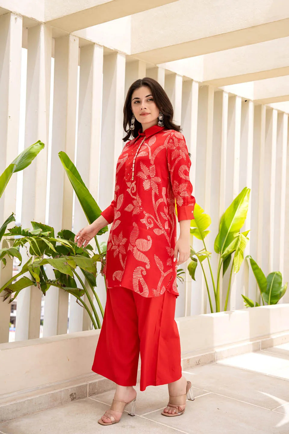 red floral embroidered straight kurta set with palazzo pants