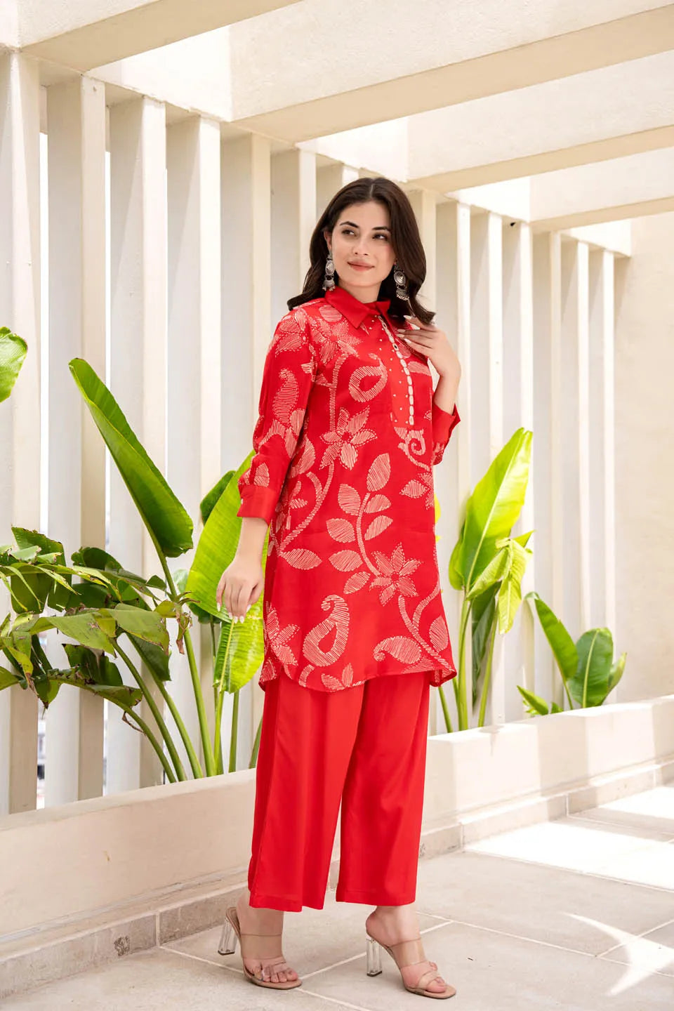 red floral embroidered straight kurta set with palazzo pants