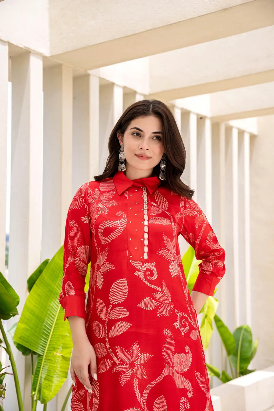 Red Floral Embroidered Straight Kurta Set with Palazzo Pants