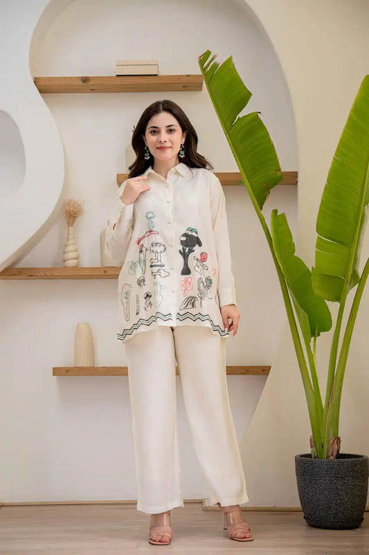 Off-white embroidered Roman silk kurta with straight pants set