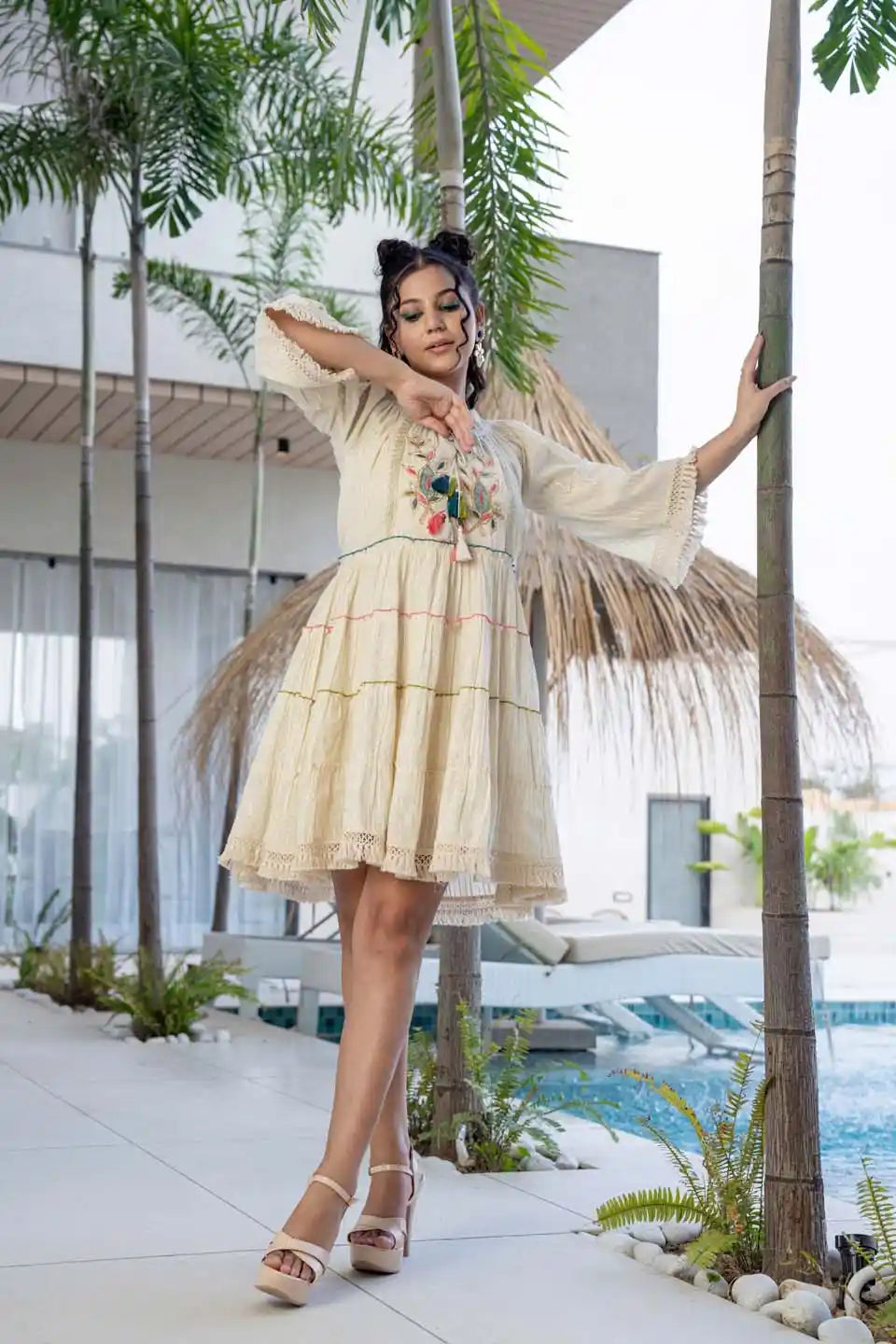 boho-chic off-white embroidered short dress with flared sleeves