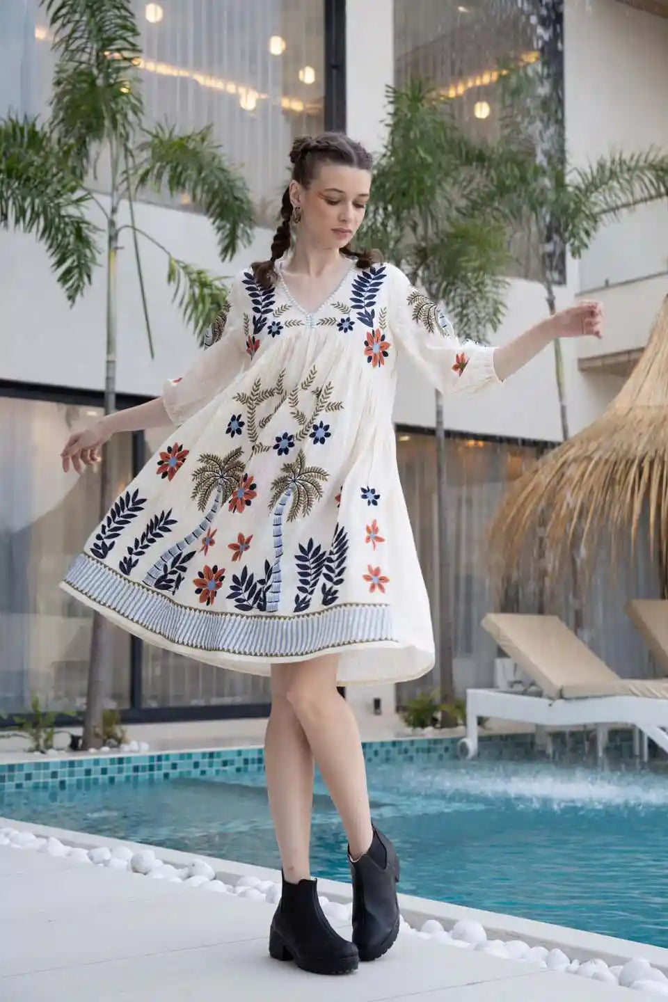 boho embroidered cotton short dress