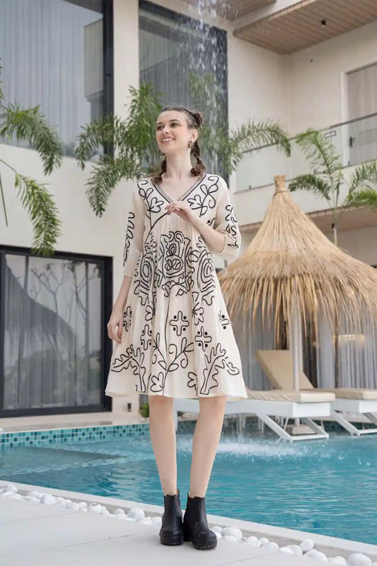 Off-White Embroidered Boho Short Dress