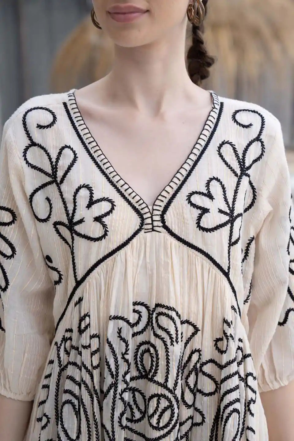 Off-White Embroidered Boho Short Dress