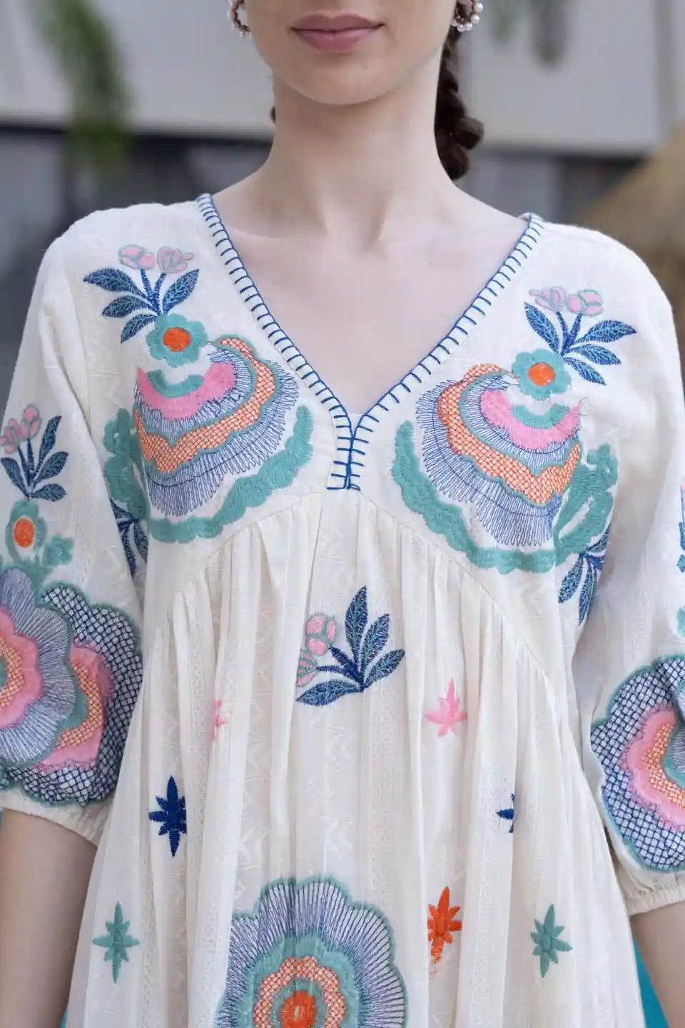 Bohemian Floral Embroidered Short Dress - V-Neck, Casual Resort Wear