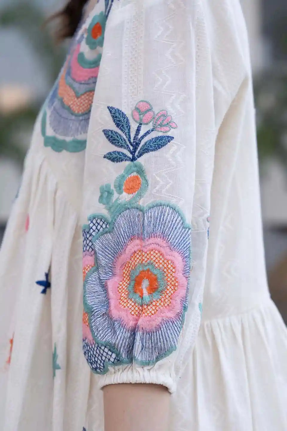 Bohemian Floral Embroidered Short Dress - V-Neck, Casual Resort Wear