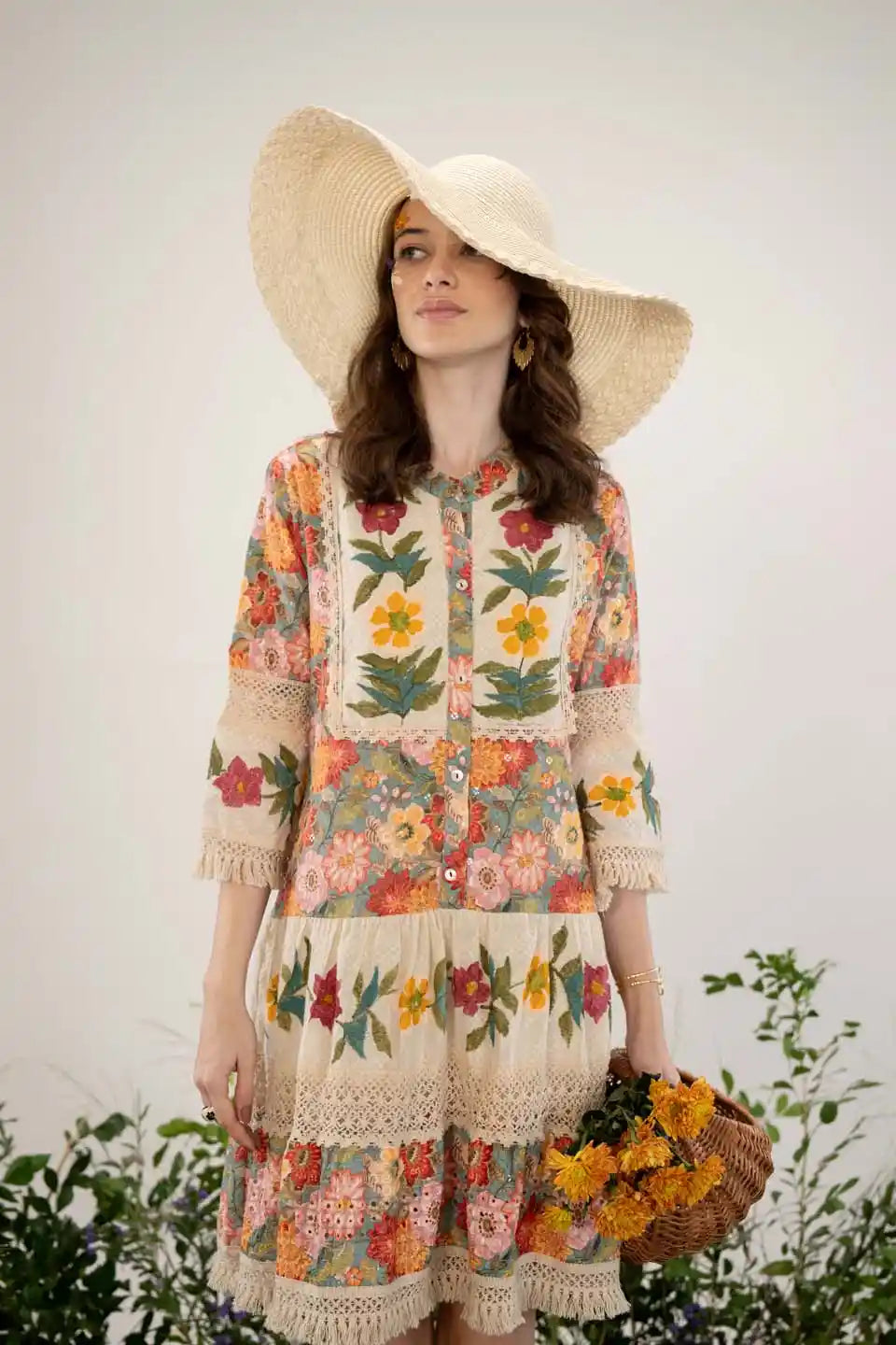 boho floral patchwork short dress with lace detailing