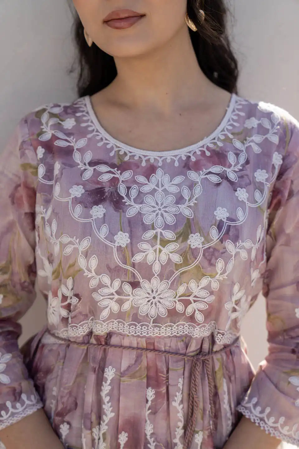 lavender pink floral embroidered short dress