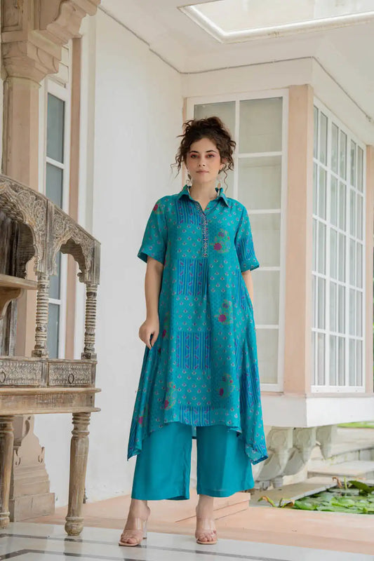 teal floral coordinated kurta pant set