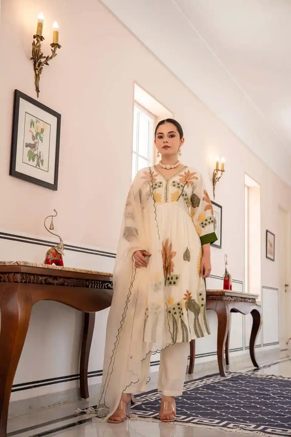 Off-White Floral Kurta Set with Dupatta