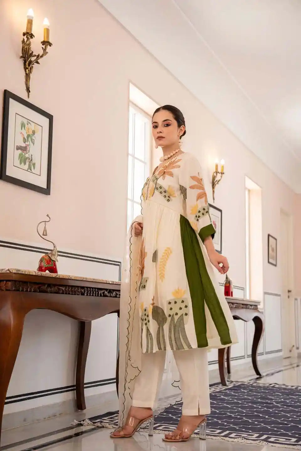 Off-White Floral Kurta Set with Dupatta