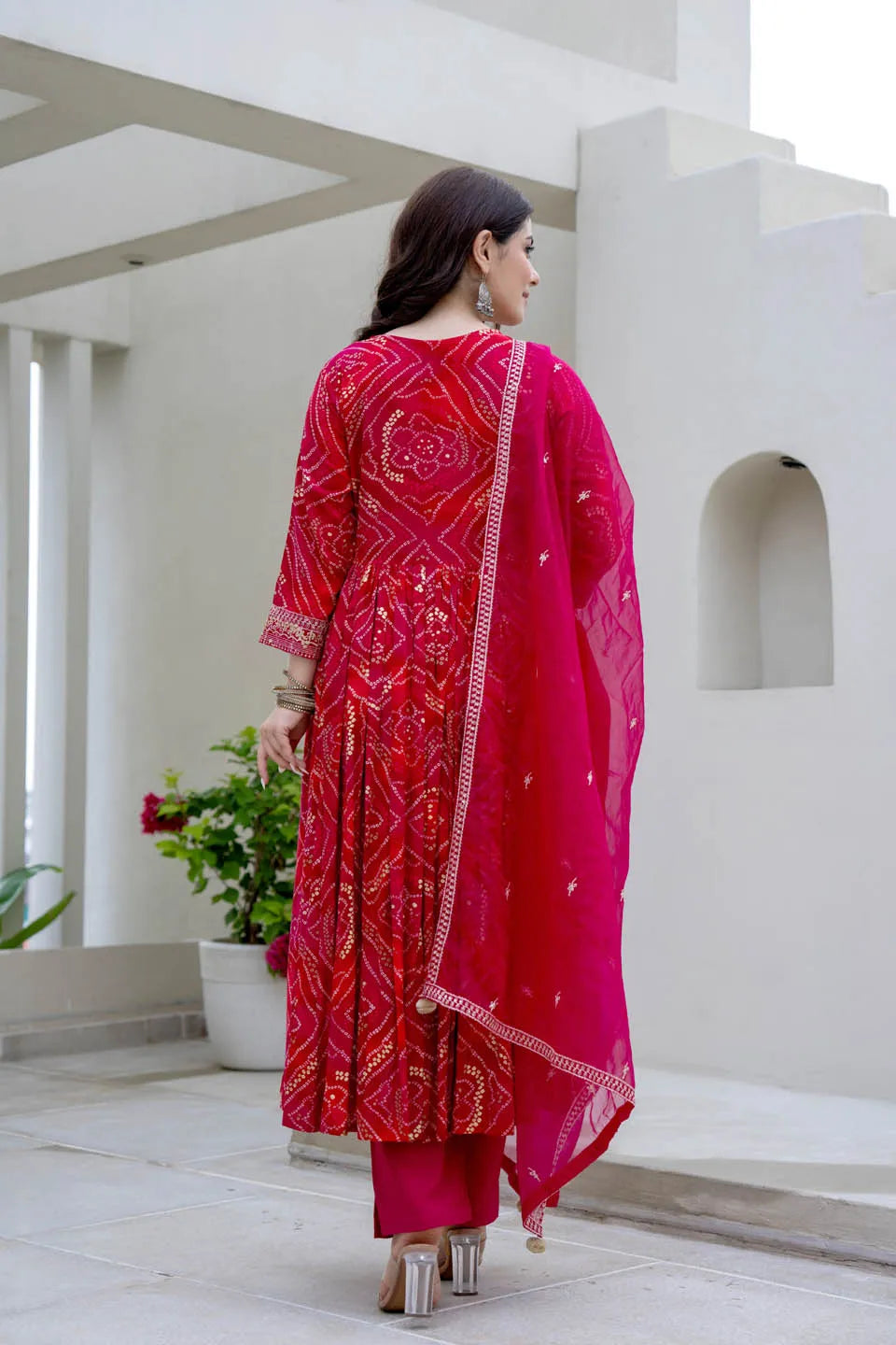 BANDHANI PRINT A-LINE KURTA SET WITH EMBROIDERED BODICE & DUPATTA – FESTIVE WEAR