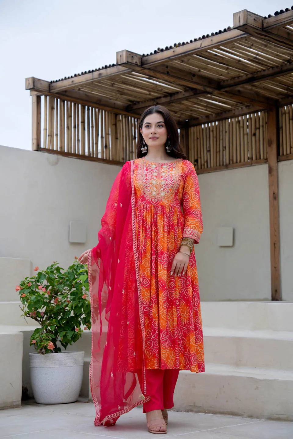 CLASSIC RED BANDHANI ANARKALI KURTA WITH ELEGANT EMBROIDERY & FLARED HEM