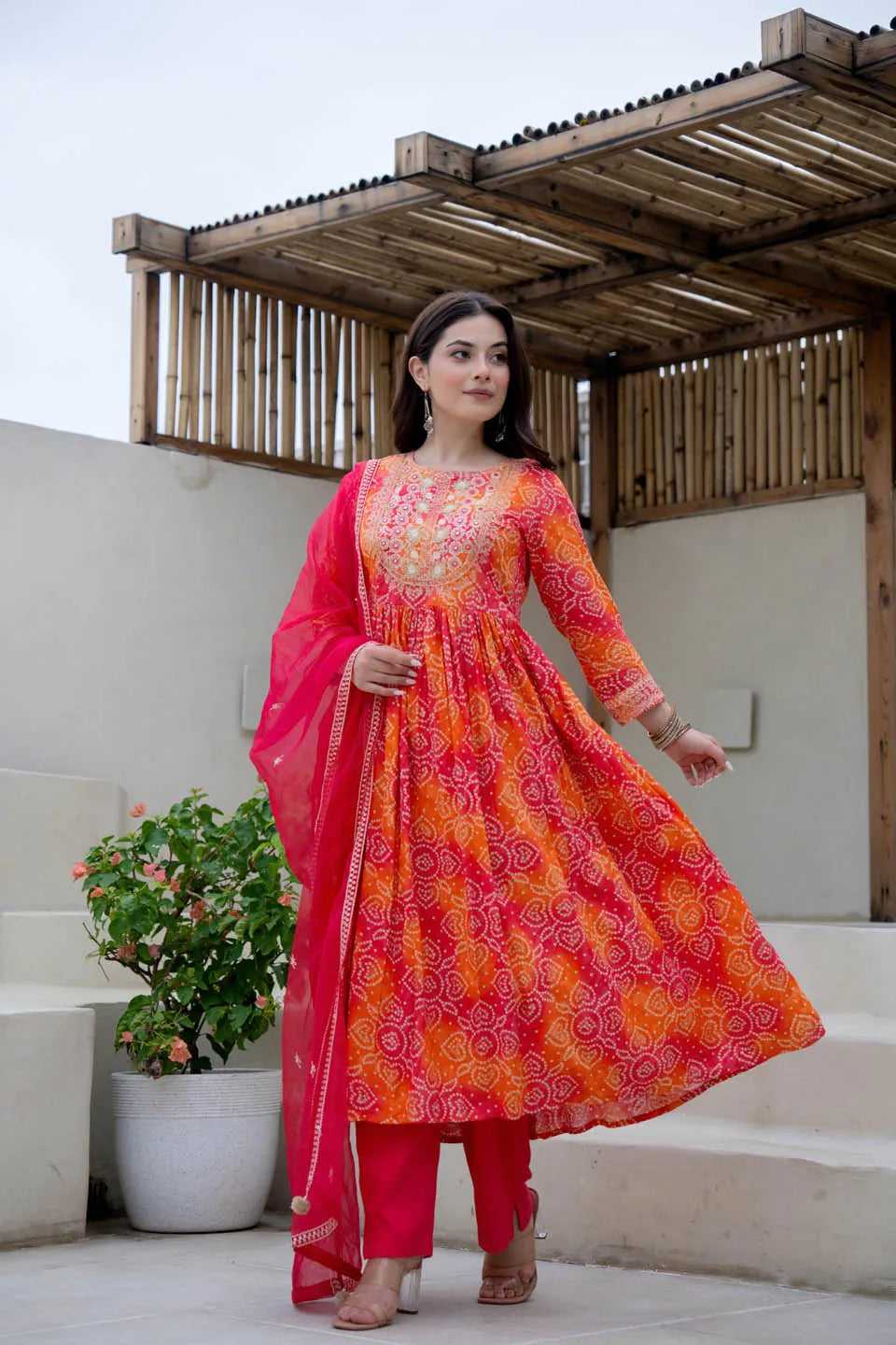 CLASSIC RED BANDHANI ANARKALI KURTA WITH ELEGANT EMBROIDERY & FLARED HEM