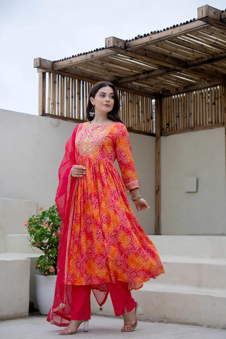 CLASSIC RED BANDHANI ANARKALI KURTA WITH ELEGANT EMBROIDERY & FLARED HEM