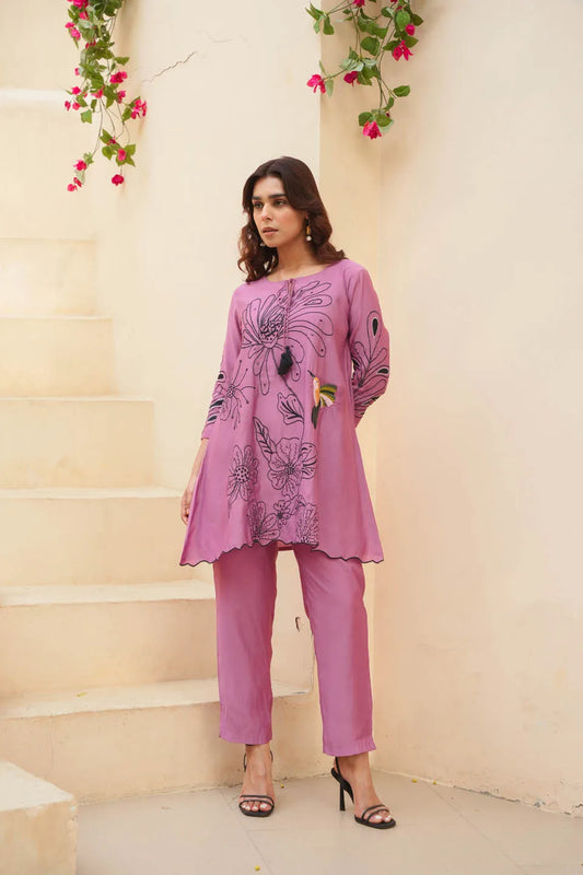 LAVENDER FLORAL EMBROIDERED A-LINE KURTA WITH STRAIGHT PANTS SET