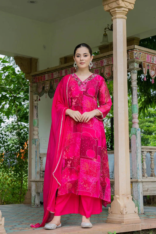 ELEGANT RED A-LINE KURTA SET WITH EMBROIDERED V-NECK AND ABSTRACT FLORAL PRINT