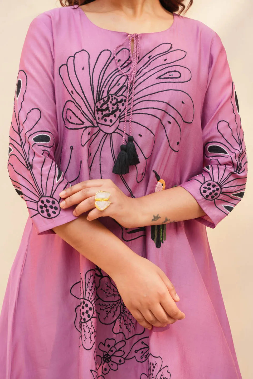 LAVENDER FLORAL EMBROIDERED A-LINE KURTA WITH STRAIGHT PANTS SET