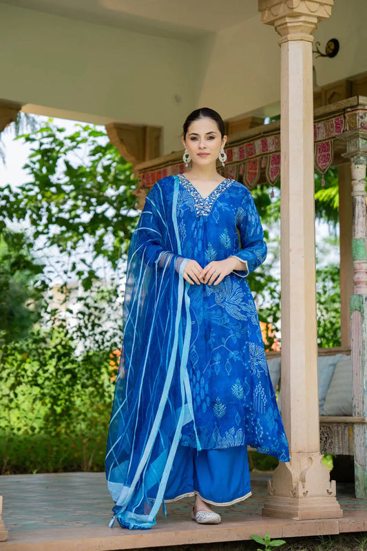 VIBRANT BLUE STRAIGHT KURTA SET WITH EMBROIDERED V-NECK AND FLORAL PAISLEY PRINT