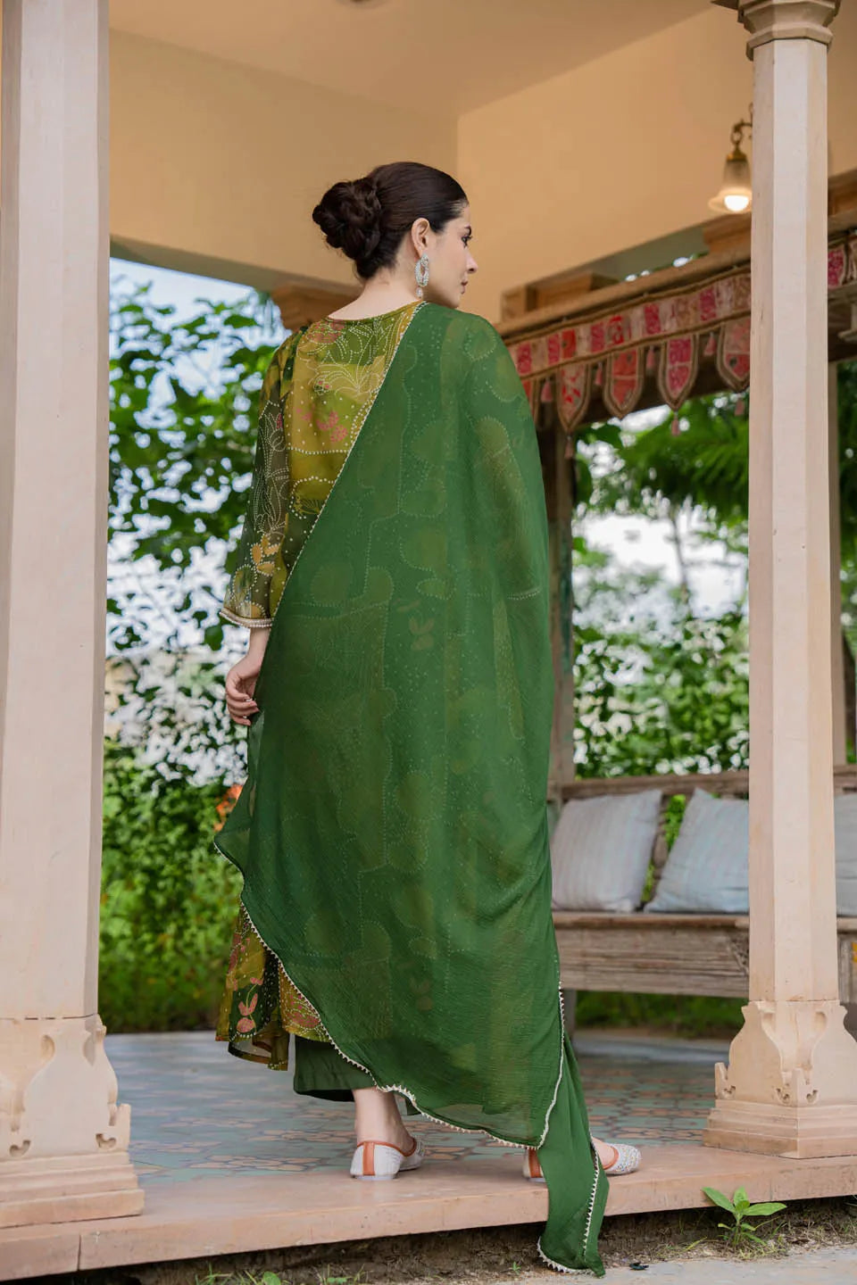 ELEGANT OLIVE GREEN A-LINE KURTA SET WITH EMBROIDERED V-NECK AND ABSTRACT FLORAL PRINT