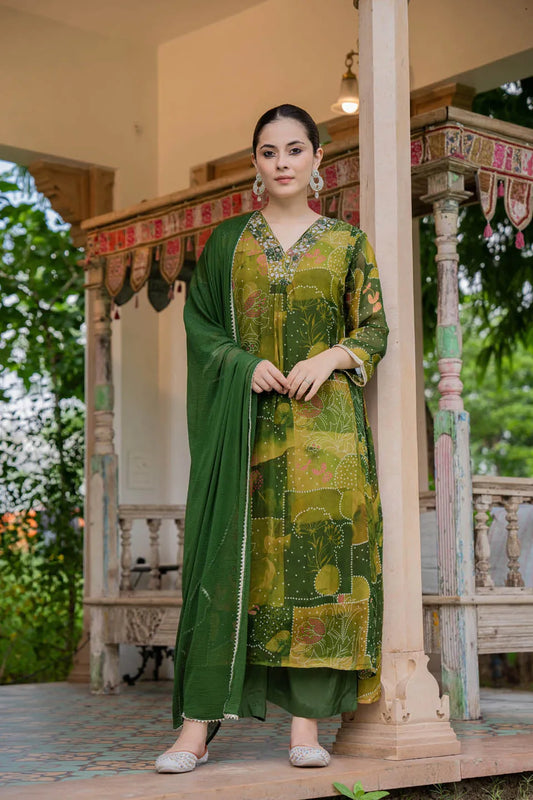 ELEGANT OLIVE GREEN A-LINE KURTA SET WITH EMBROIDERED V-NECK AND ABSTRACT FLORAL PRINT