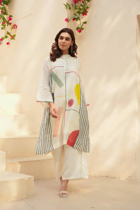 Off-white chanderi print kurta set