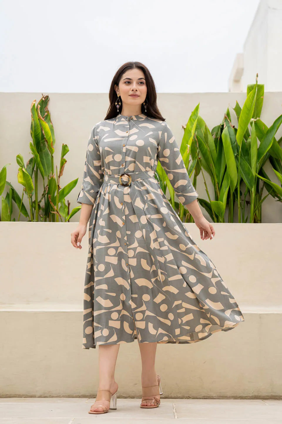 GEOMETRIC PRINT FIT & FLARE MIDI DRESS WITH SHIRT COLLAR AND BELT – CASUAL WEAR