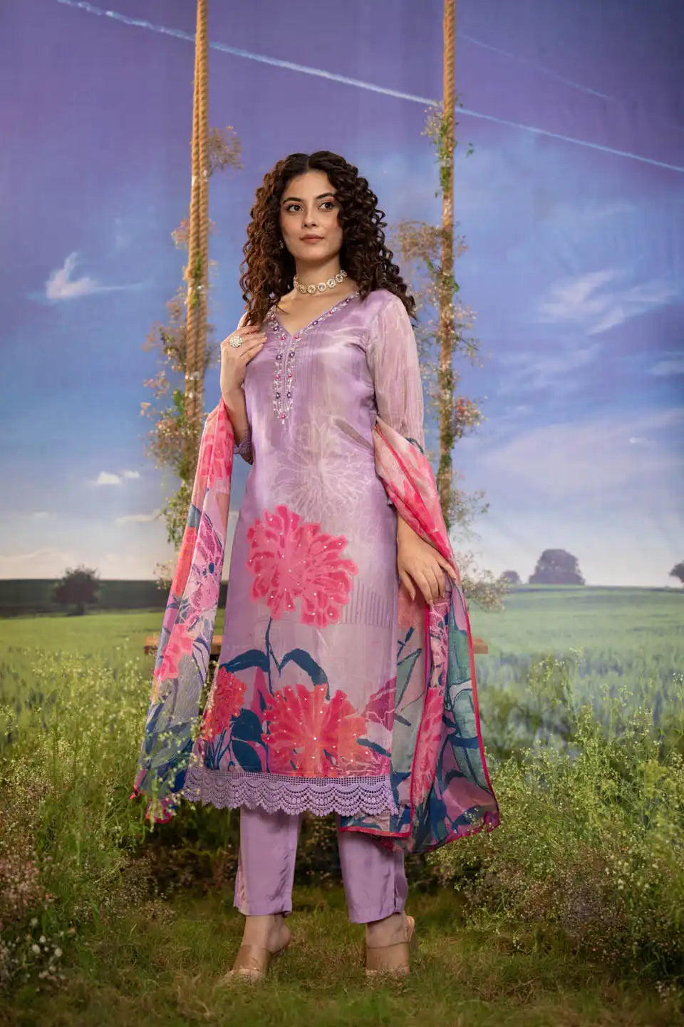 Elegant Lilac Embroidered Kurta Set with Dupatta – Festive Wear