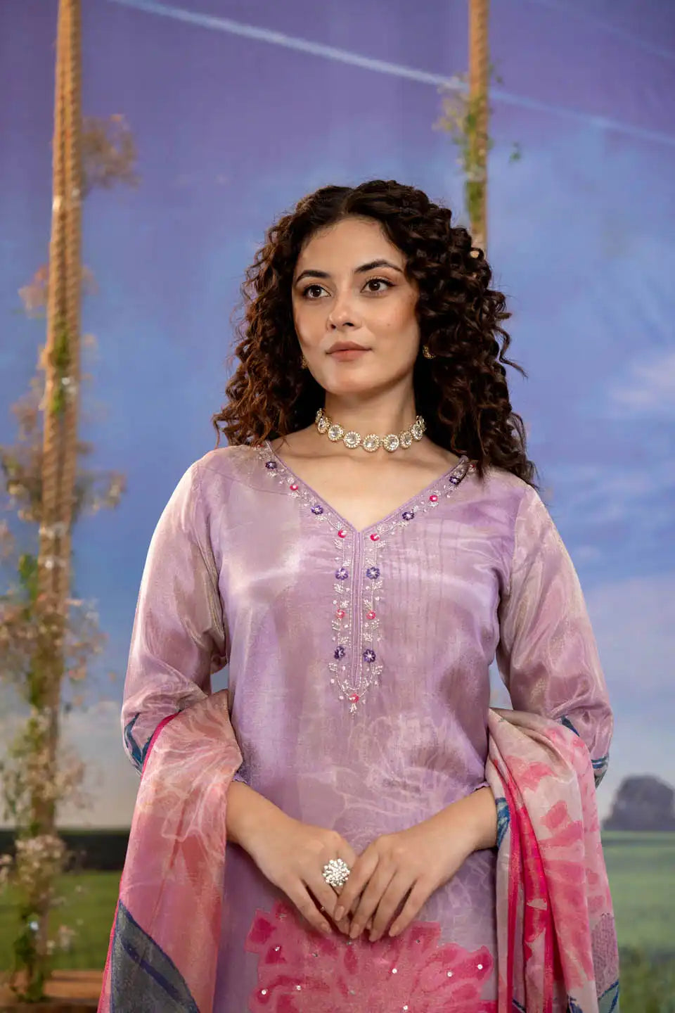 Elegant Lilac Embroidered Kurta Set with Dupatta – Festive Wear