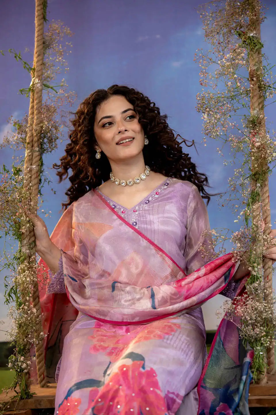 Elegant Lilac Embroidered Kurta Set with Dupatta – Festive Wear