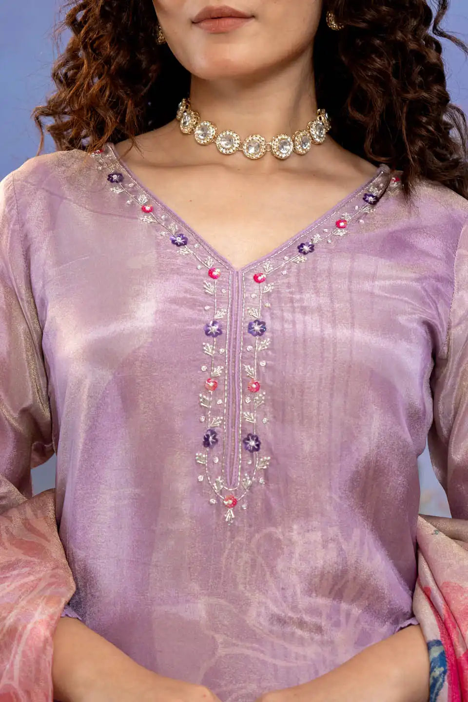 Elegant Lilac Embroidered Kurta Set with Dupatta – Festive Wear