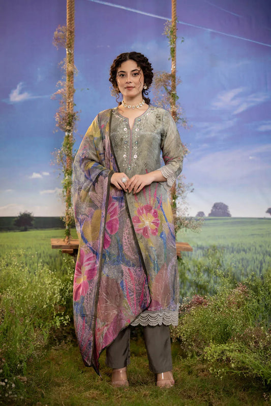 Grey Embroidered Kurta with Floral Dupatta & Pants