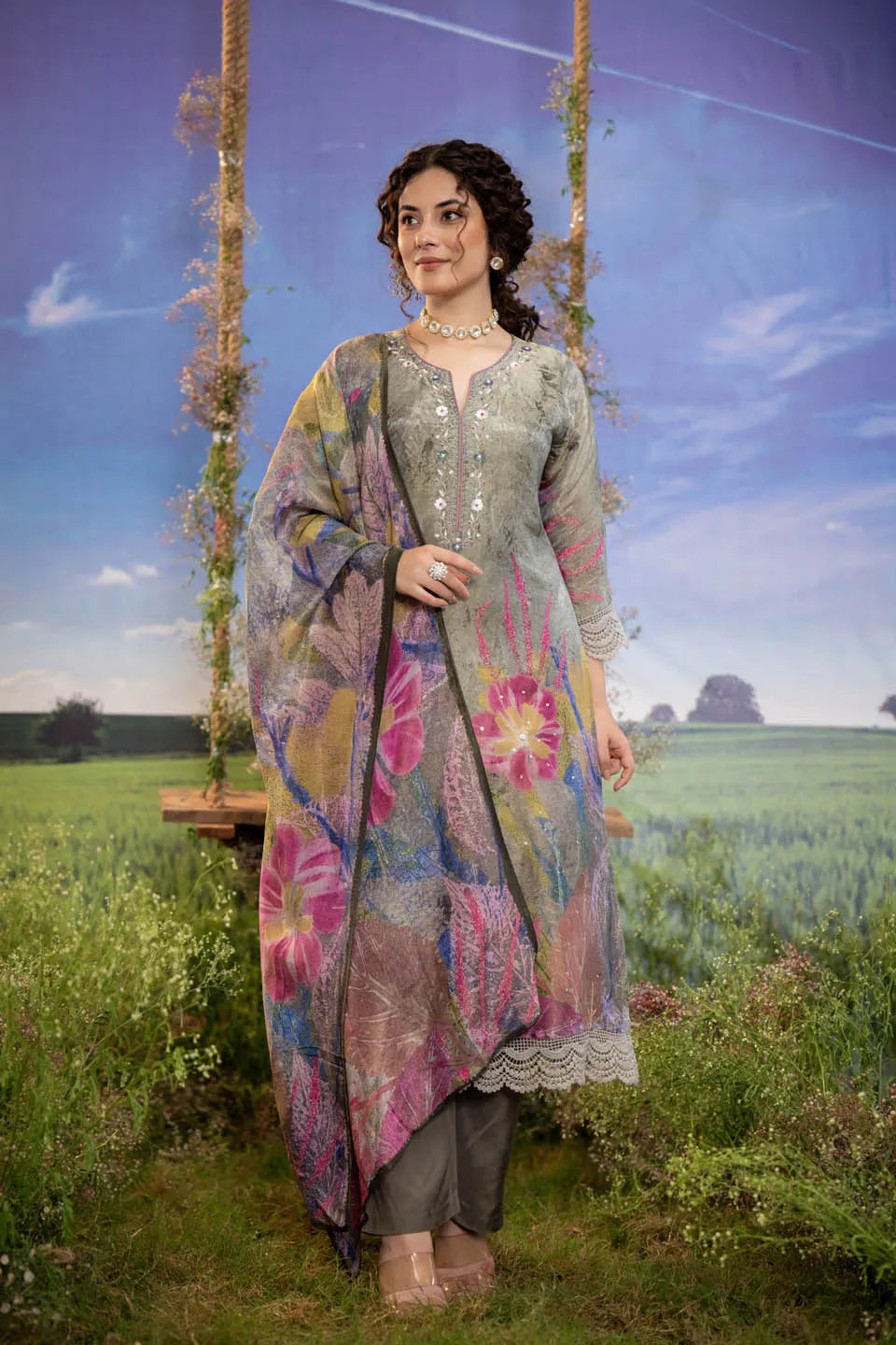 Grey Embroidered Kurta with Floral Dupatta & Pants