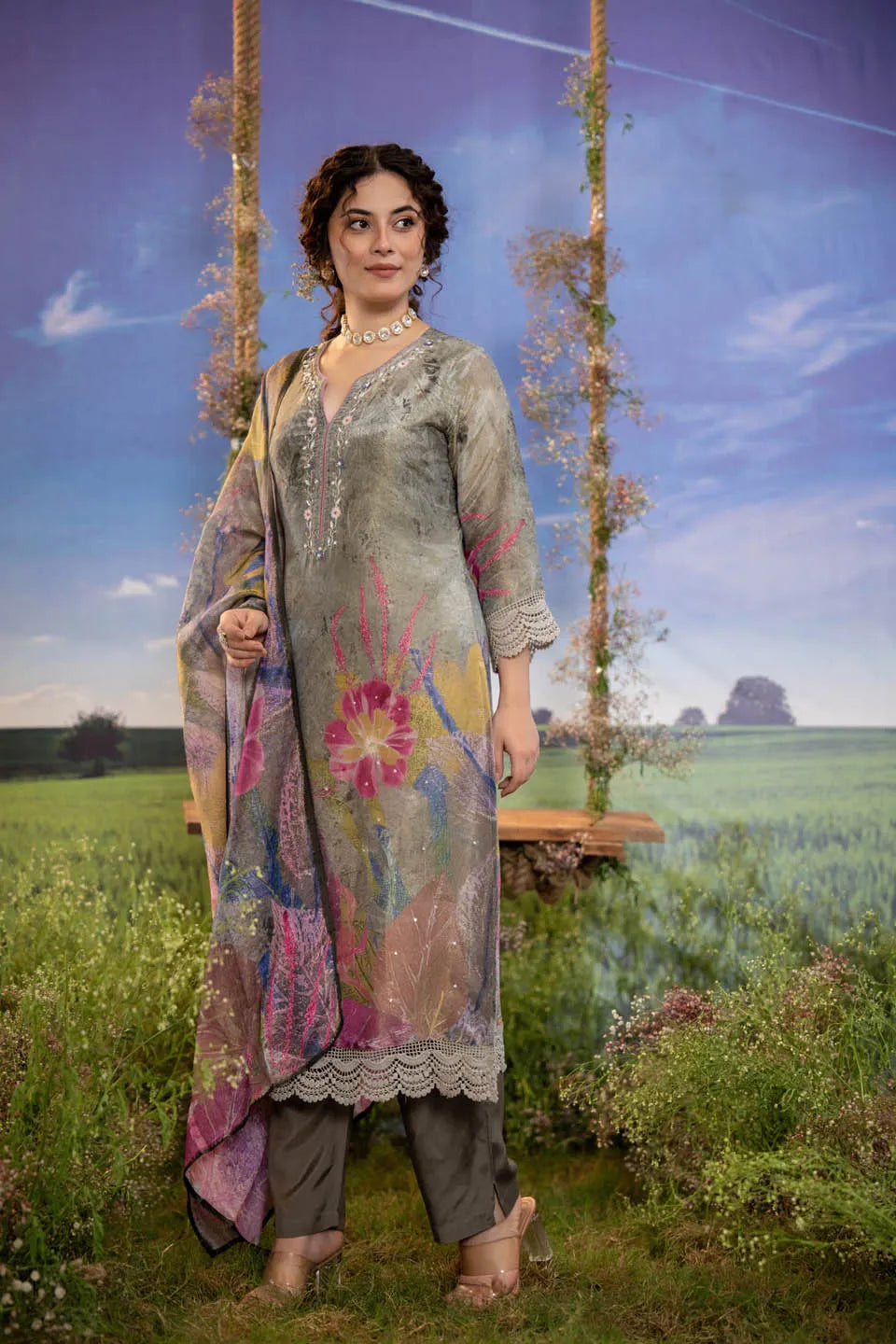 Grey Embroidered Kurta with Floral Dupatta & Pants