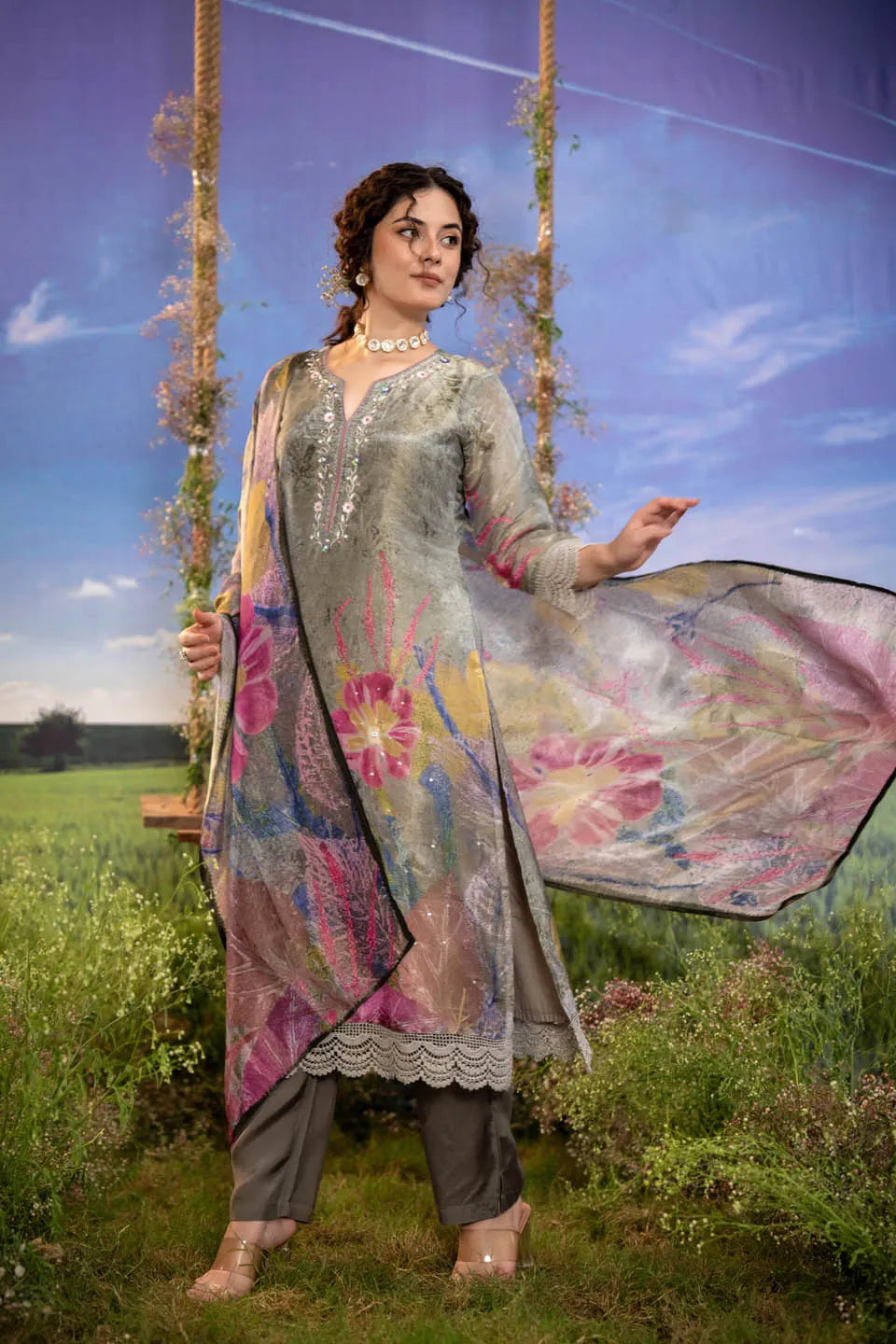 Grey Embroidered Kurta with Floral Dupatta & Pants