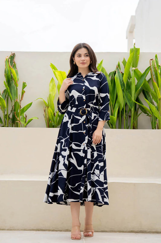 ABSTRACT PRINT FIT & FLARE MIDI DRESS WITH SHIRT COLLAR AND BELT – CASUAL WEAR