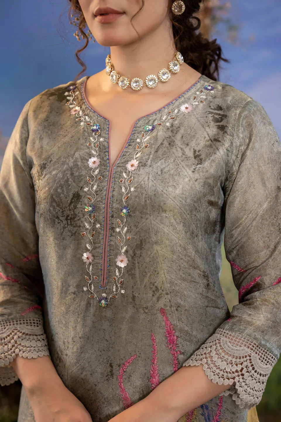 Grey Embroidered Kurta with Floral Dupatta & Pants