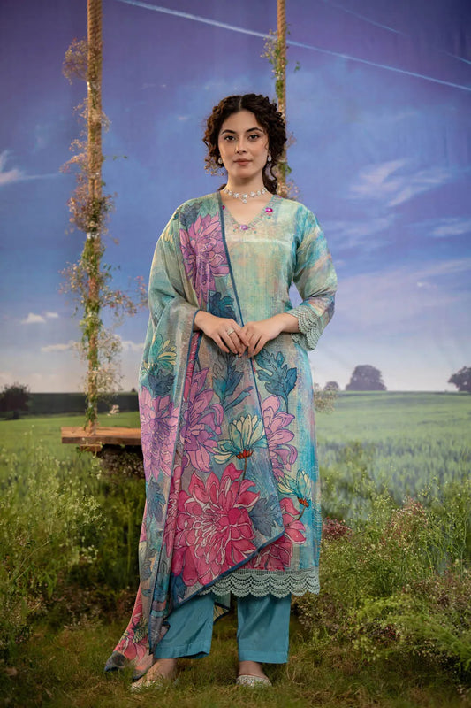 FLORAL PRINTED V-NECK KURTA WITH LACE HEM AND STRAIGHT PANTS SET