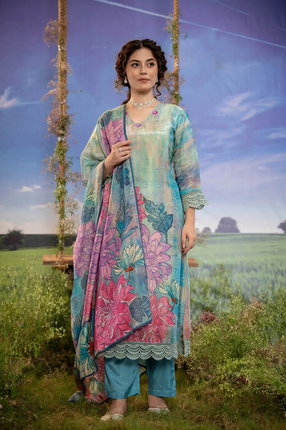 FLORAL PRINTED V-NECK KURTA WITH LACE HEM AND STRAIGHT PANTS SET