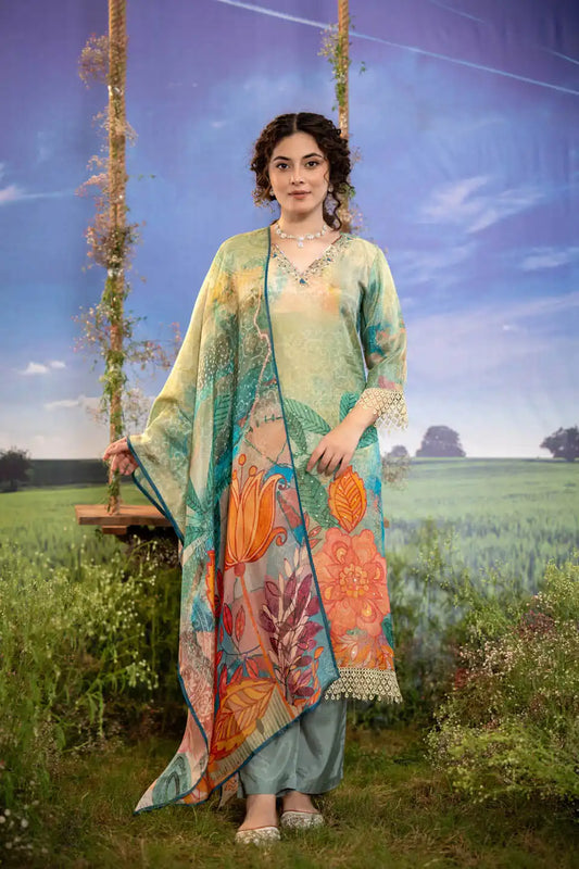 FLORAL PRINTED GREEN KURTA WITH STRAIGHT PANTS SET