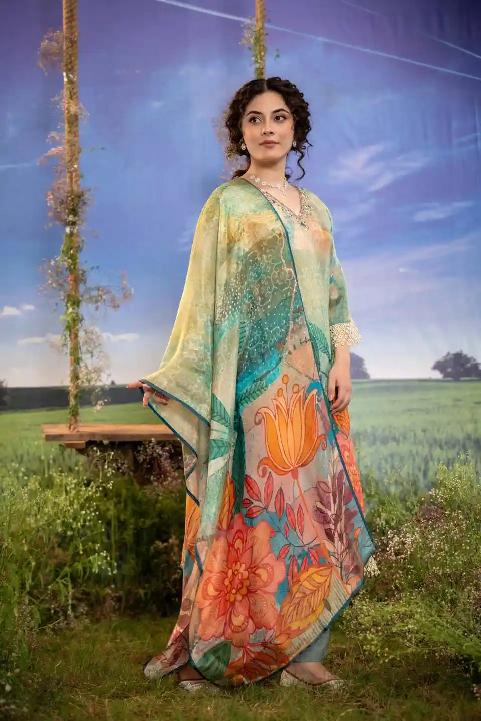 floral printed green kurta with straight pants set