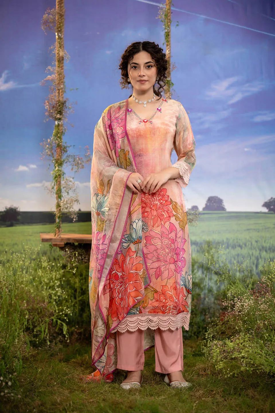 FLORAL PRINT PEACH-PINK 3-PIECE LAWN SUIT WITH LACE DETAILING & STRAIGHT TROUSERS