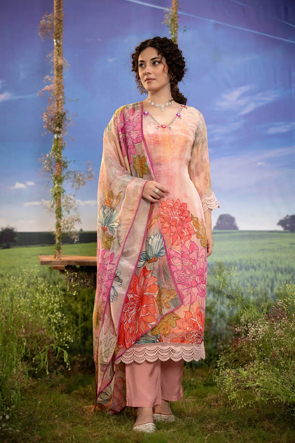 FLORAL PRINT PEACH-PINK 3-PIECE LAWN SUIT WITH LACE DETAILING & STRAIGHT TROUSERS