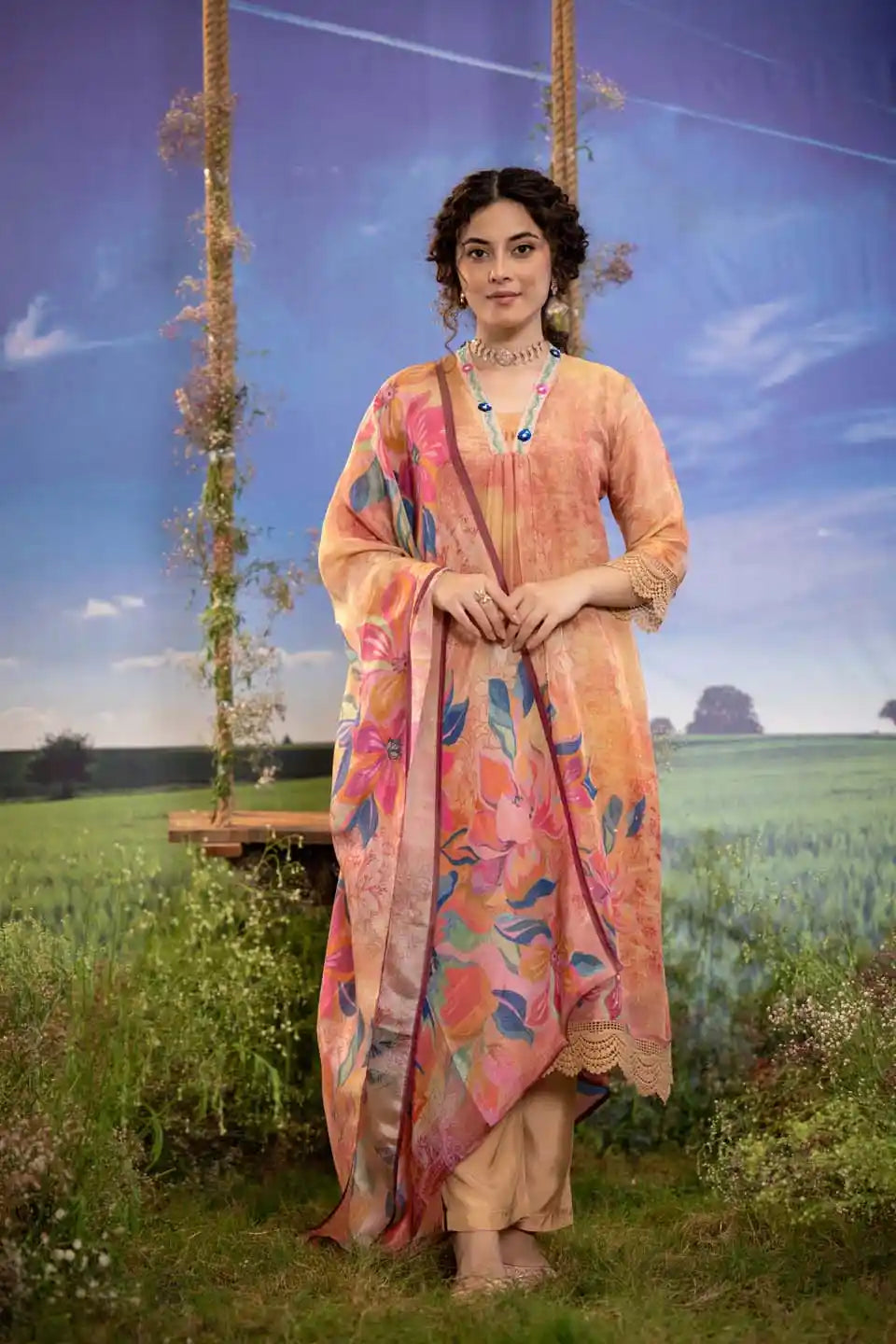 peach floral print shimmer tissue kurta set with dupatta