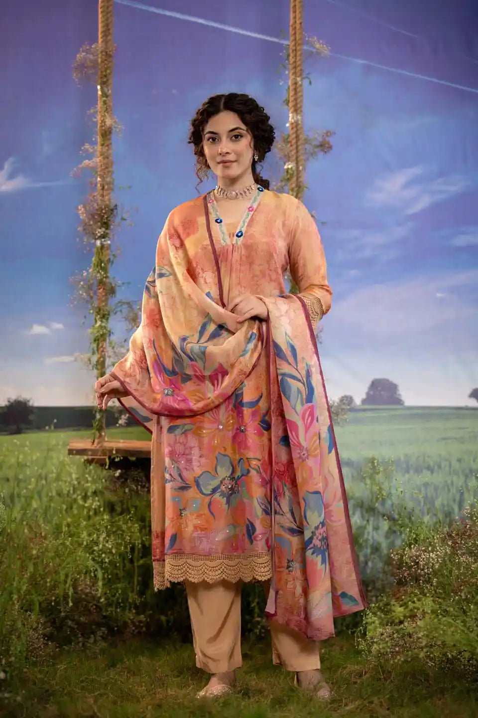 peach floral print shimmer tissue kurta set with dupatta