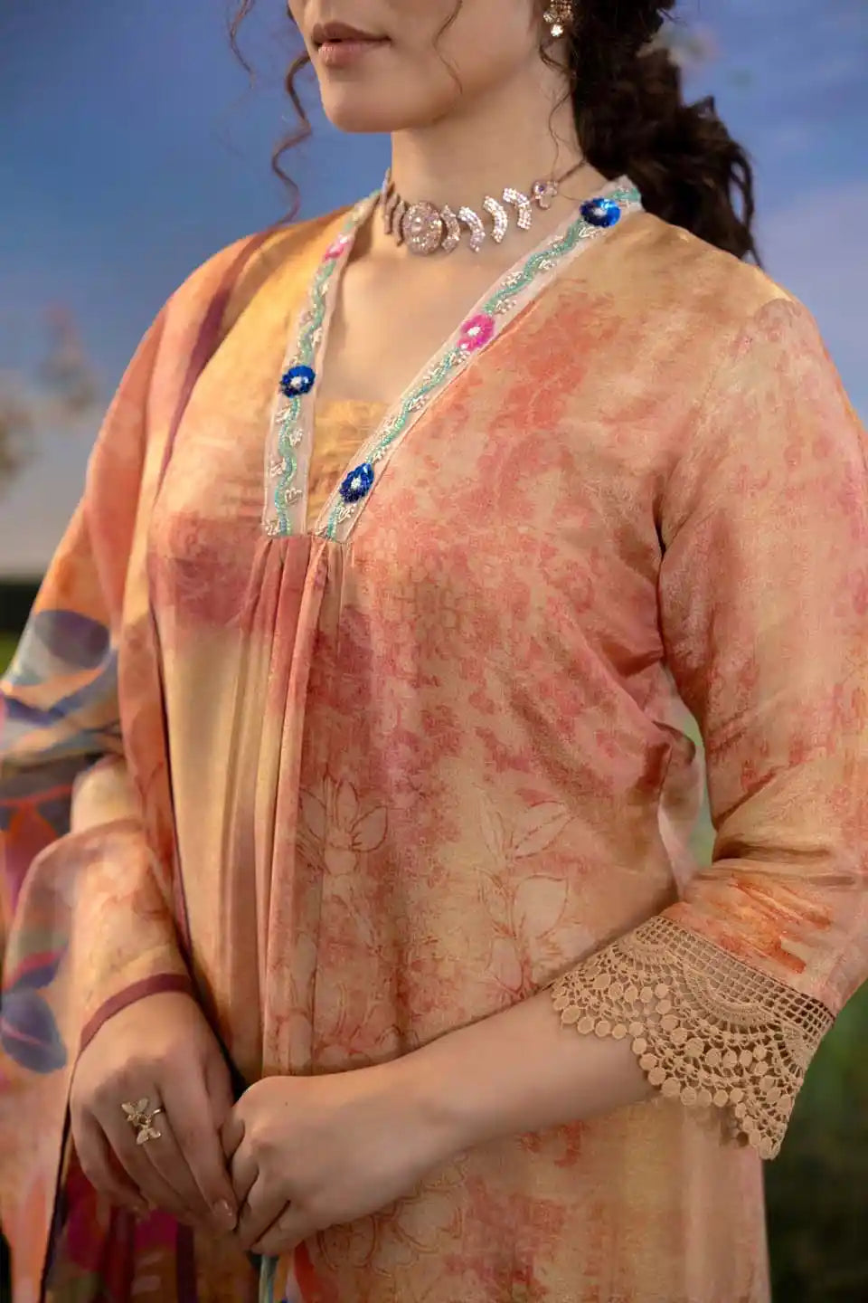 peach floral print shimmer tissue kurta set with dupatta