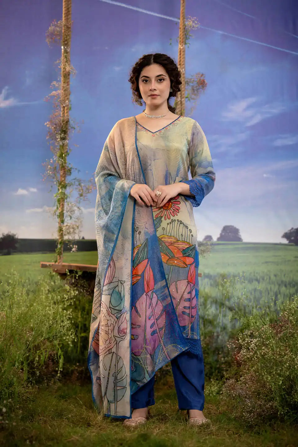 Beige & Multicolor Floral Print Kurta with Blue Straight Pants & Dupatta Set